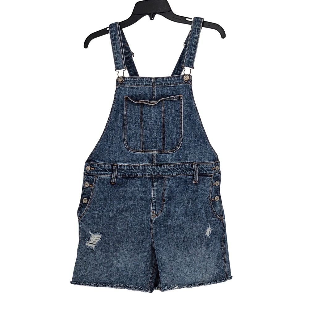 Old Navy Denim Shortalls M Blue Distressed Raw Hem Overalls Casual Utility Retro